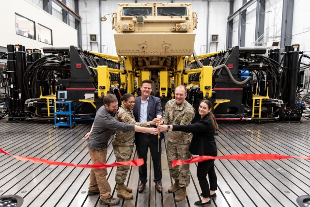 From left to right, James Clerkin, ATC Senior Test Engineer, Col. Natasha Coleman, Program Executive Office Simulation, Training and Instrumentation (PEO STRI), Mr. Chris Paust, Deputy Program Manager from the Central Test and Evaluation...