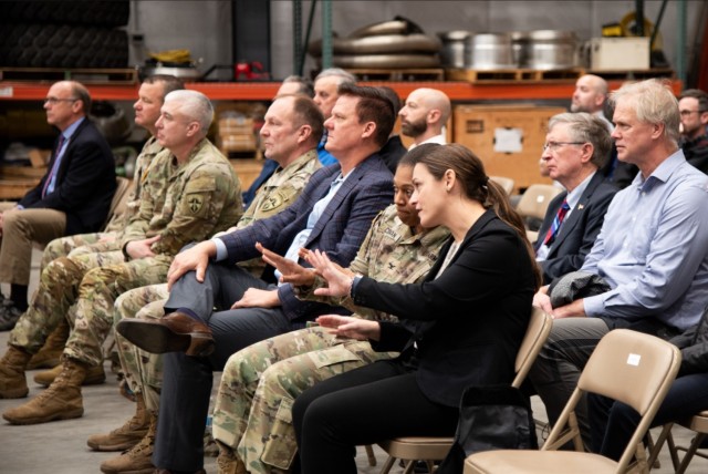 During a demonstration of the Heavy Vehicle Durability Simulator (HVDS) Dr. Melissa Steffen, Technical Director at the U.S. Army Aberdeen Test Center, explains to Col. Natasha Coleman, PEO STRI, how the simulator replicates test courses at ATC.