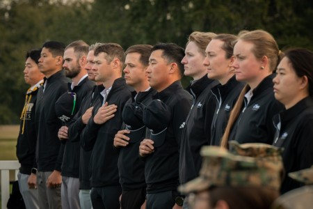 Service members attend the opening ceremony at The Legends Golf Course at Parris Island during the 2025 Armed Forces Golf Championship at Marine Corps Recruit Depot, Parris Island, S.C., Feb. 25, 2025. (U.S. Army Photo by Staff Sgt. Ray Robinson III)
