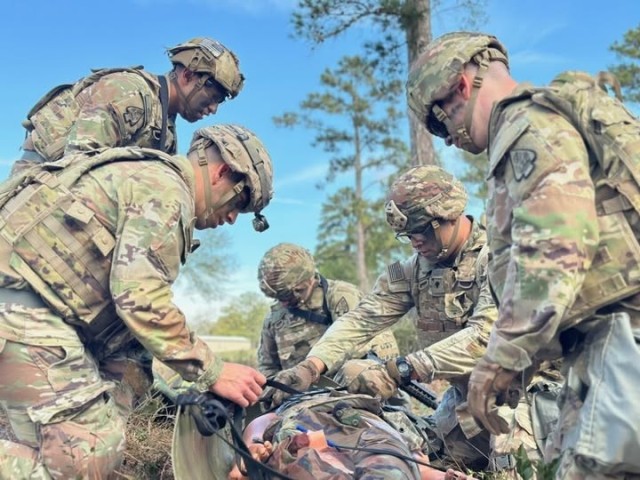 Soldiers competing in the U.S. Army Aviation Center of Excellence Best Squad/Best Warrior Competition participate in a medical lane event simulating care under fire. Soldiers applied quick and effective life-saving capabilities, demonstrating...