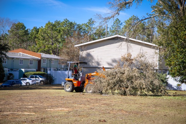 Tree removal operations continue in the housing areas as crews work to clear debris and maintain safety for residents at Fort Eisenhower. The effort is organized by Balfour Beatty Communities in coordination with mission partners to restore...