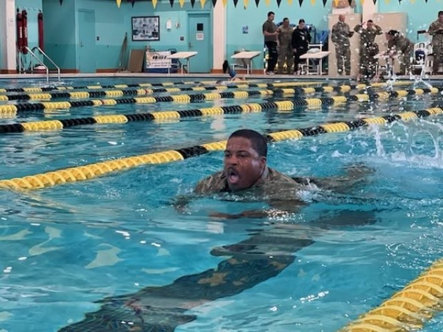 Competitors in the U.S. Army Aviation Center of Excellence Best Squad/Best Warrior Competition complete a swim test at Fort Novosel, Ala., March 6, 2025. (U.S. Army photo by WO1 Noah Bender)
