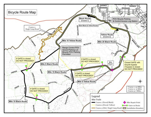 A map of the three bicycle trails at Fort Eisenhower. Currently, only Course 2 is open, while the other trails remain closed due to ongoing timber salvage operations. The Environmental Division is working with mission partners to reopen all trails...