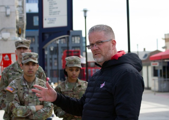 Greg Monahan, the Washington Nationals' Vice President of Public Safety and Security gives Fort Belvoir Headquarters Battalion Soldiers an overview of the stadium's robust security procedures.