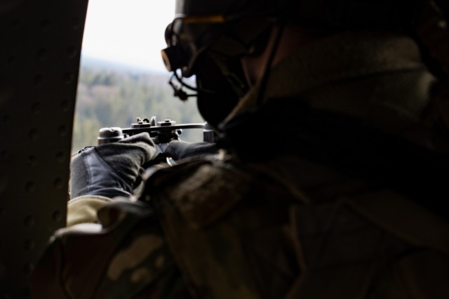 U.S. Army Sgt. 1st Class Cody Spangler, platoon sergeant with the 1st Battalion, 214th Aviation Regiment, 12th Combat Aviation Brigade conducts UH-60V Blackhawk gunnery tables at the Grafenwoehr Training Area, Germany, March 4, 2025. This training...