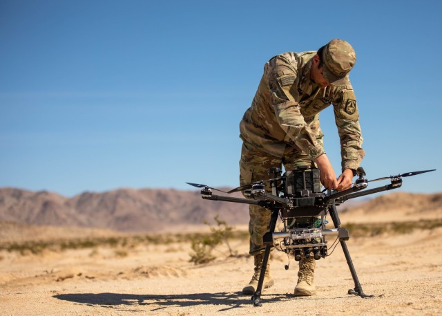 U.S. Army Cpt. Eric Tatum assigned to Artificial Intelligence Integration Center, Army Futures Command, conducts field testing with the Inspired Flight 3 Drone during Project Convergence 2022 at Ft. Irwin, California, Oct. 27, 2022. PC22...