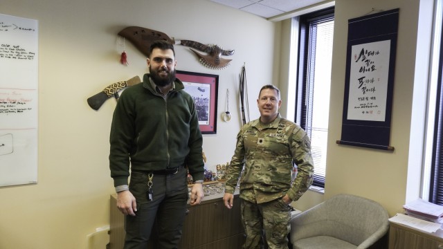LTC Paul Brownhill and Natural Resources specialist Hunter Young at the completion of their monthly Mentor-Mentee meeting in LTC Brownhill’s office on Feb. 20.