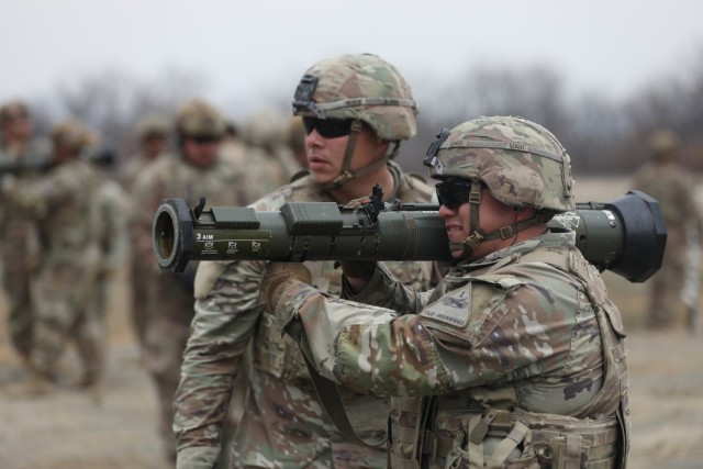 Pfc. Gualberto Zarate, guided by Sgt. Antonio Rodriguez, fires an AT4 Rocket Launcher with a 9 mm tracer round at Novo Selo Training Area, Bulgaria on March 12, 2025. assigned to 4th Battalion, 6th Infantry Regiment, 3rd Armored Brigade Combat...