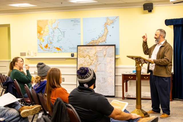 White House Decision Center director Matt Reeves talking with the FY25 LDP class in the Mach White House press briefing room at the Truman Library and Museum’s in Independence on December 11, 2024.