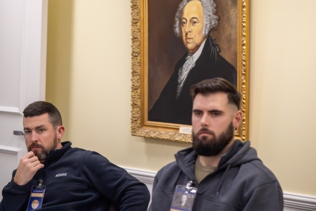 Project Manager Kody Kemerling playing the role of Secretary of the Navy James Forrestal as he received a briefing from President Truman during the “End the War with Japan” simulation at the Truman Library and Museum’s White House Decision...