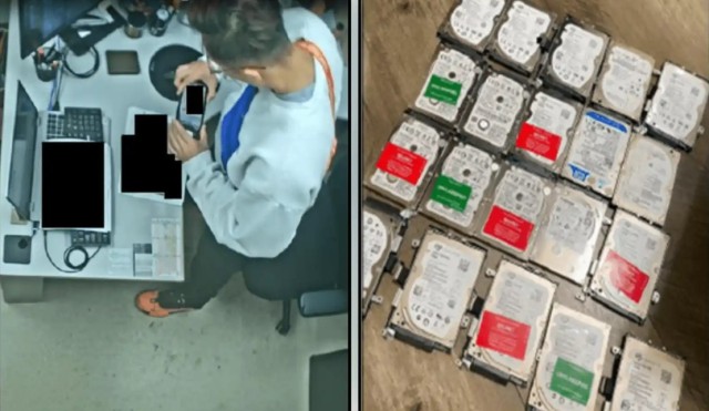 Left: Zhao taking a picture of confidential files. Right: Hard drives marked SECRET and UNCLASSIFIED seized from the Zhao and Tian during the arrest.
