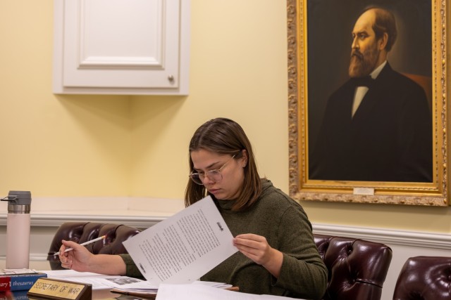 Environmental engineer and FY25 LDP participant Jessica Alexander as the Secretary of War Henry L. Stimson combing through her 30-plus page intelligence package before meeting with before meeting with President Truman and other cabinet members...