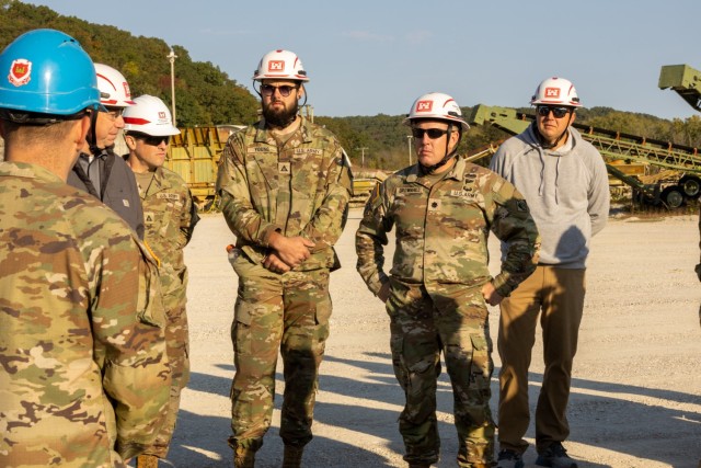 Natural Resources specialist Hunter Young (left center) and LTC Paul Brownhill watching a presentation given by DA civilian staff on the U.S. Army’s quarrying capabilities at Fort Leonard Wood in southwest Missouri back in Oct. of 2024.