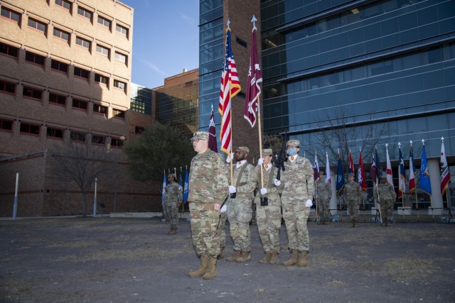 Command Sgt. Maj. Jan “Eddy” Miller leads Team BAMC in the singing of the Army Song during a change of responsibility ceremony at Brooke Army Medical Center, Joint Base San Antonio – Fort Sam Houston, Texas, March 13, 2025. Miller assumed...