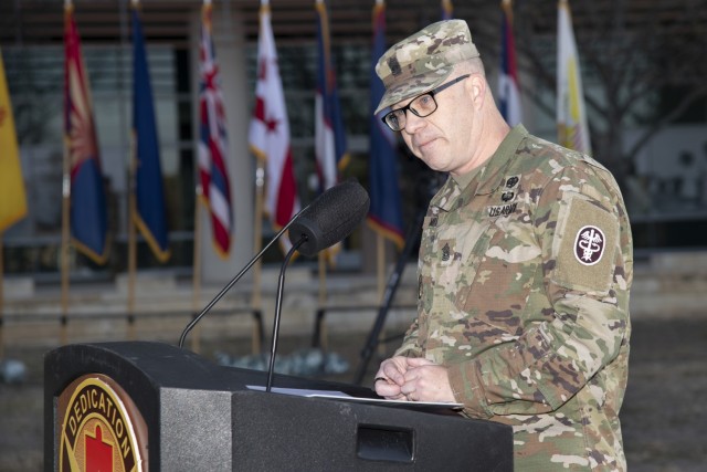 Command Sgt. Maj. Jan “Eddy” Miller speaks speaks during a change of responsibility ceremony at Brooke Army Medical Center, Joint Base San Antonio – Fort Sam Houston, Texas, March 13, 2025. Miller assumed responsibility from BAMC’s...