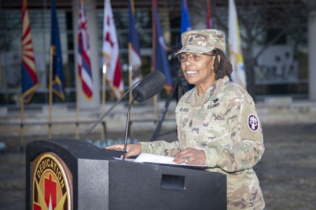 Outgoing Command Sgt. Maj. Dedraf Blash speaks during a change of responsibility ceremony at Brooke Army Medical Center, Joint Base San Antonio – Fort Sam Houston, Texas, March 13, 2025. Blash spoke fondly of her time leading Team BAMC’s...