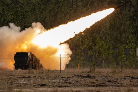 Soldiers with the 3rd Battalion, 27th Field Artillery Regiment, 18th Field Artillery Brigade, XVIII Airborne Corps, fire a rocket from the High Mobility Artillery Rocket System during a live fire exercise in support of Marne Fo...