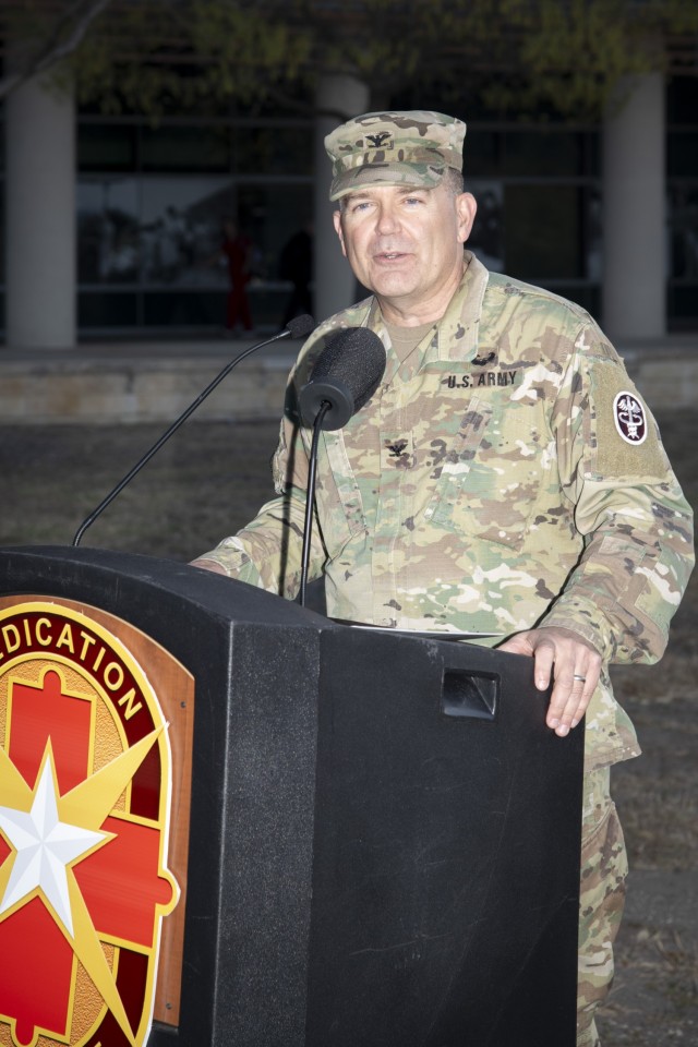 Col. Mark Stackle, commander, Brooke Army Medical Center, speaks at a change of responsibility ceremony outside BAMC, Joint Base San Antonio – Fort Sam Houston, Texas, March 13, 2025. Stackle lauded outgoing Command Sgt. Maj. Dedraf Blash’s...