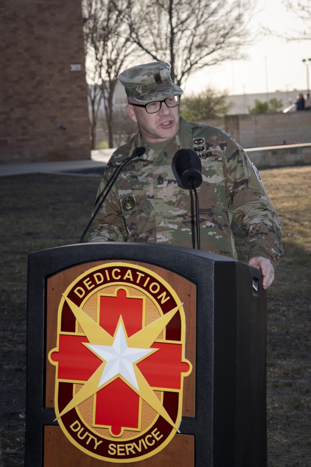 Command Sgt. Maj. Jan “Eddy” Miller speaks speaks during a change of responsibility ceremony at Brooke Army Medical Center, Joint Base San Antonio – Fort Sam Houston, Texas, March 13, 2025. Miller assumed responsibility from BAMC’s...