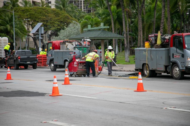 Road work begins along Kalia Road in Waikiki March 18 as a major repaving and sidewalk repair project gets underway. The U.S. Army Garrison Hawaii and U.S. Army Corps of Engineers, Honolulu District, are partnering on the $5.85 million project,...