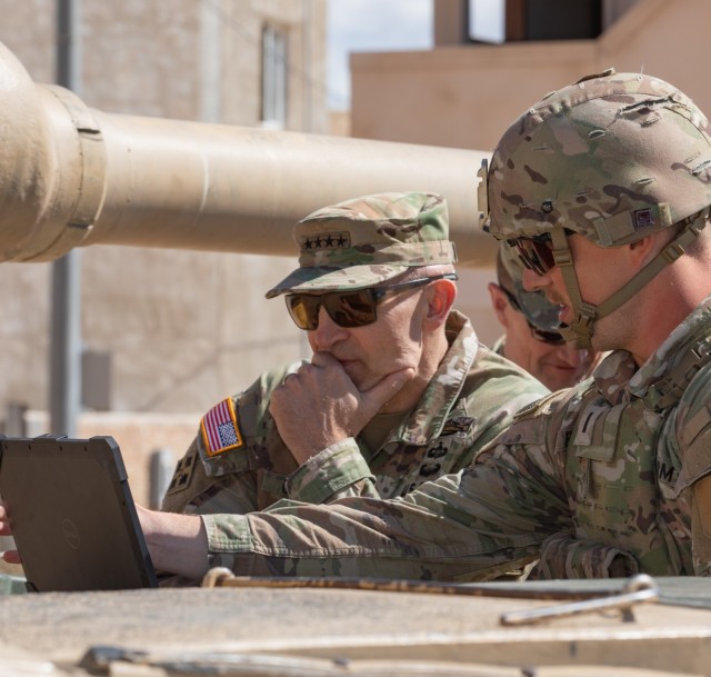 Gen. Randy A. George, Chief of Staff of the Army, receives a demonstration of next generation command and control (NGC2) experimental capabilities at Fort Irwin,