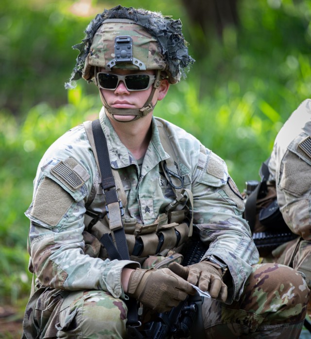 A U.S. Army Soldier assigned to the 25th Infantry Division participates in a patrol lane training station in preparation for the Expert Infantry, Expert Soldier, and Expert Field Medical Badges (E3B) on Schofield Barracks, Hawaii, March 3, 2025....