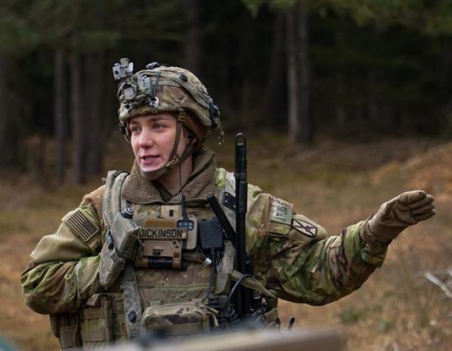 1st Lt. Dickinson, with the 3rd Infantry Brigade, 10th Mountain division, is equipped with the two-channel radio connected to the Android Tactical Assault Kit (ATAK)-based end-user device used to communicate up and down echelons over the Sensitive...