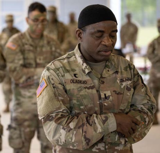 1st Lt. Ibrahim Oladejo, chaplain, delivers an Eid khutba (sermon)...