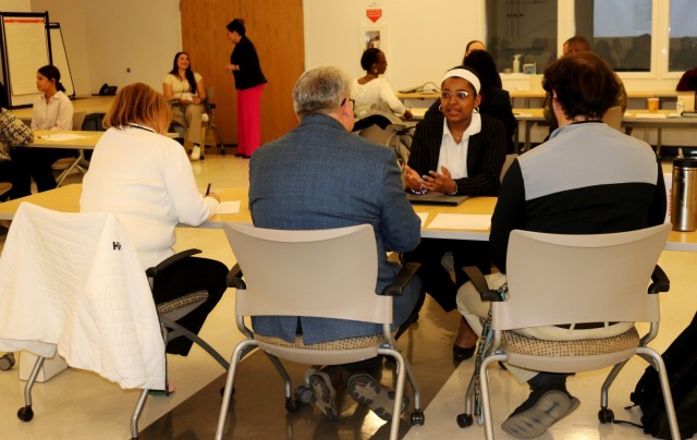 Alicia Conway, a sophomore in the Pathways in Technology Early College High School program, answers a question during a mock interview session with a panel of APG professionals at the Mallette Training Facility March 13, 2025.