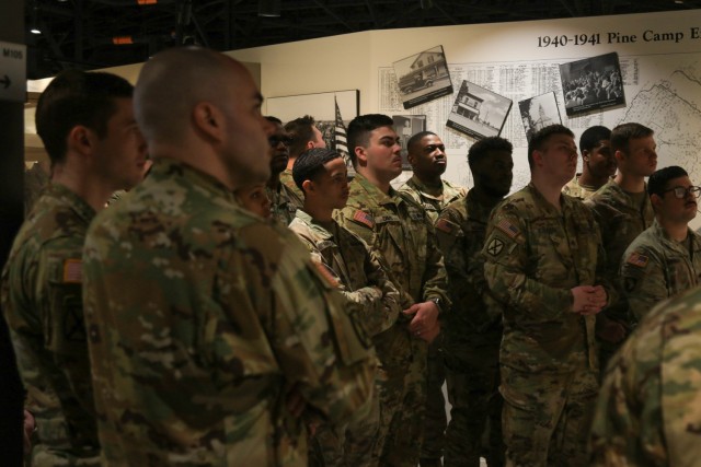 Soldiers assigned D Troop, 6th Squadron, 6th Cavalry Regiment, 10th Combat Aviation Brigade, 10th Mountain Division (LI) listen intently to the tour guide March 14, 2025, at the 10th Mountain Division & Fort Drum Museum. These Soldiers were given...