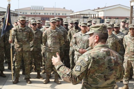 Command Sgt. Maj. Dave Silva (front right), the senior enlisted leader for the 20th Chemical, Biological, Radiological, Nuclear, Explosives (CBRNE) Command, speaks with Soldiers from the 23rd Chemical Battalion on Camp Humphrey...