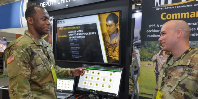 Soldiers highlight the benefits of IPPS-A's online HR solution at AUSA 2023.