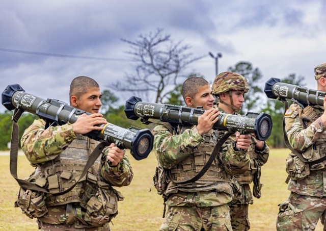 Pfcs. Andrew and Angel Rodriguez, trainees with Alpha Company, 2nd Battalion, 58th Infantry Regiment, 198th Infantry Brigade, conduct shoulder-launched munitions training during Infantry One Station Unit Training, Feb. 13, 2025, on Patton Range at...