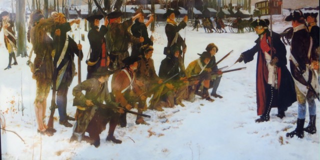 A painting by Edwin Austin Abbey depicts Baron von Steuben drilling American recruits at Valley Forge in 1778.