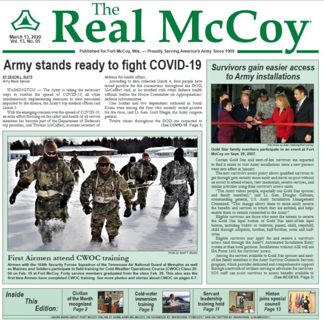This is a news clipping from the March 13, 2020, edition of The Real McCoy newspaper at Fort McCoy, Wis. During that time, the installation was continuing its mission training service members largely from the Army Reserve and National Guard. (U.S....
