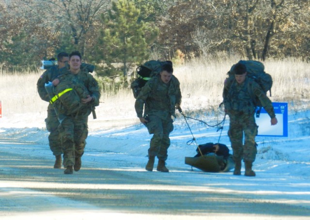 ROTC cadets with an Army ROTC unit participate in the Northern Warfare Challenge on Feb. 21, 2025, at Fort McCoy, Wis. There were 54 teams competing in the challenge from universities and colleges all over the United States. At Fort McCoy, cadets...