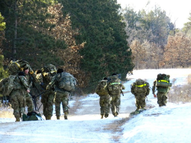 ROTC cadets with an Army ROTC unit participate in the Northern Warfare Challenge on Feb. 21, 2025, at Fort McCoy, Wis. There were 54 teams competing in the challenge from universities and colleges all over the United States. At Fort McCoy, cadets...