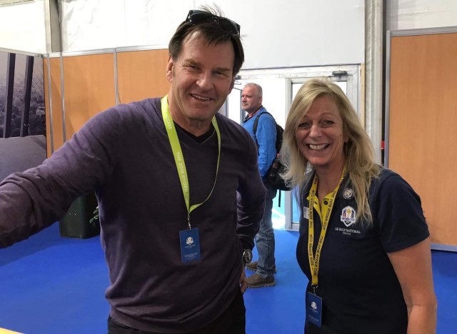 Annemieke Anderson poses with PGA golfer Nick Faldo at the Ryder Cup in Paris in 2018.