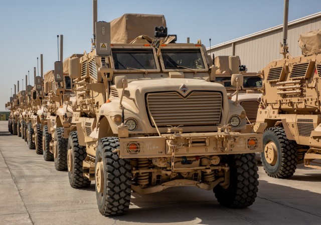 The Army Prepositioned Stock-5 M1224 MaxxPro mine-resistant ambush protected wheeled vehicles are prepared to be issued to the 44th Infantry Brigade Combat Team at Camp Arifjan, Kuwait, June 18, 2024. The M1224 MaxxPro MRAP wheeled vehicle is used...