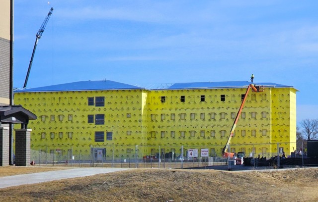 Contractors work on a new $27.3 million transient training troops barracks project, known as the Fort McCoy East Barracks Project, on March 10, 2025, at Fort McCoy, Wis. Contractors began in May 2024 getting the site set up for the fourth...