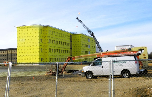 Contractors work on a new $27.3 million transient training troops barracks project, known as the Fort McCoy East Barracks Project, on March 3, 2025, at Fort McCoy, Wis. Contractors began in May 2024 getting the site set up for the fourth transient...