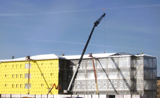 Contractors work on a new $27.3 million transient training troops barracks project, known as the Fort McCoy East Barracks Project, on March 12, 2025, at Fort McCoy, Wis. Contractors began in May 2024 getting the site set up for the fourth...