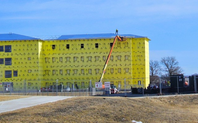 Contractors work on a new $27.3 million transient training troops barracks project, known as the Fort McCoy East Barracks Project, on March 10, 2025, at Fort McCoy, Wis. Contractors began in May 2024 getting the site set up for the fourth...