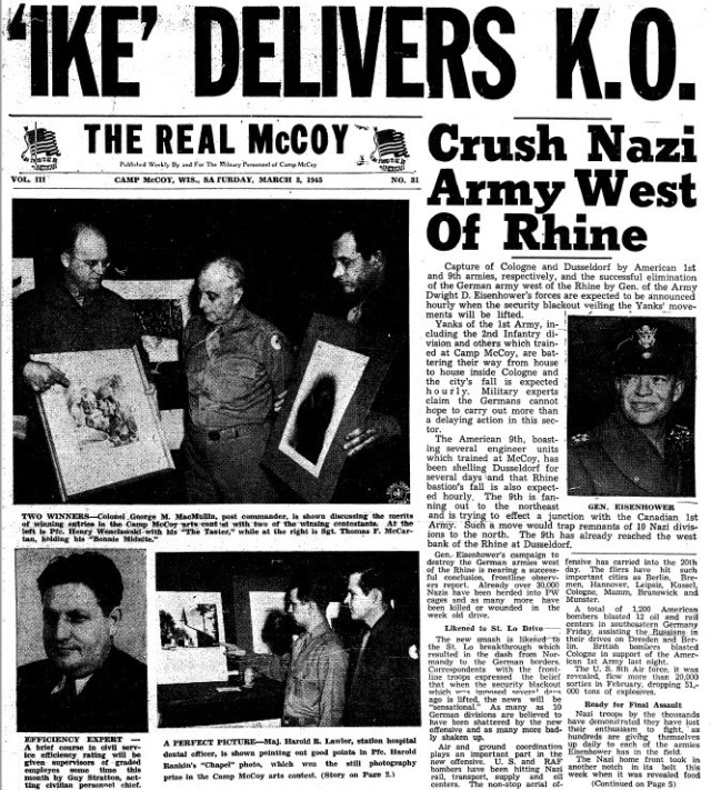 This is a news clipping from the March 3, 1945, edition of The Real McCoy newspaper at Fort McCoy, Wis. During that time, the installation was busy preparing service members for fighting in World War II. (U.S. Army Historical Photo)