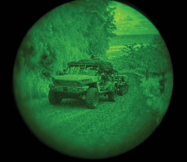 Soldiers from the 2nd Light Brigade Combat Team (Prototype), 25th Infantry Division travel by Infantry Squad Vehicle during Joint Pacific Multinational Readiness Center Rotation 25-01.