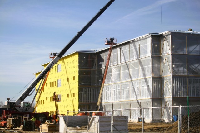 Contractors work on a new $27.3 million transient training troops barracks project, known as the Fort McCoy East Barracks Project, on March 12, 2025, at Fort McCoy, Wis. Contractors began in May 2024 getting the site set up for the fourth...