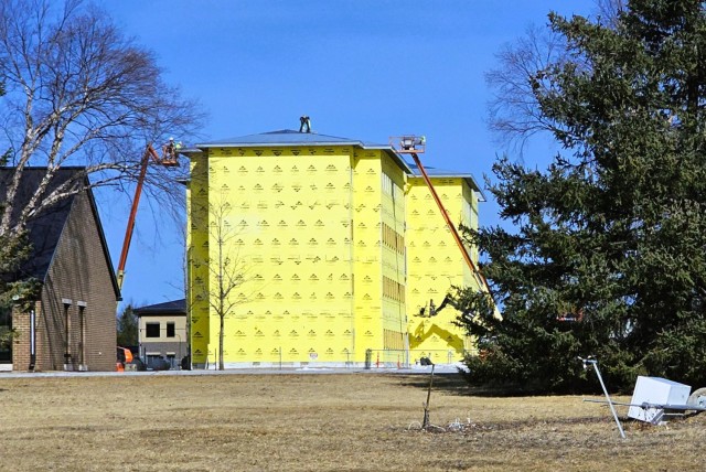 Contractors work on a new $27.3 million transient training troops barracks project, known as the Fort McCoy East Barracks Project, on March 10, 2025, at Fort McCoy, Wis. Contractors began in May 2024 getting the site set up for the fourth...