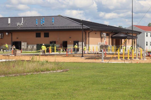 Contractors work on a new 1,428-person annual training/mobilization dining facility Aug. 15, 2019, in the 1800 block at Fort McCoy, Wis. The project, coordinated by the U.S. Army Corps of Engineers, is being constructed by contractor L.S. Black...