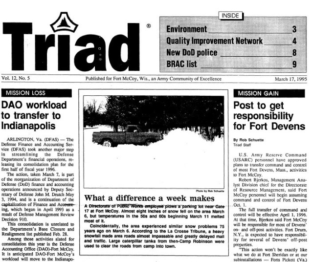 This is a news clipping from the March 17, 1995, edition of The Triad newspaper at Fort McCoy, Wis. During that time, the installation was continuing its mission training service members largely from the Army Reserve and National Guard. (U.S. Army...