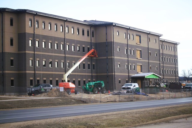 The construction area for a new $28.08 million barracks building is shown March 17, 2025, at Fort McCoy, Wis., as progress on the facility continues. The contractor for the project, BlindermanPower (Construction), received the notice to proceed...